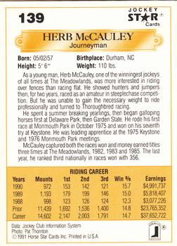 1991 Jockey Star Jockeys #139 Herb McCauley Back